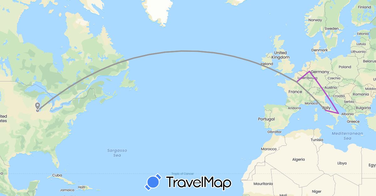 TravelMap itinerary: driving, plane, train in Germany, France, Italy, United States (Europe, North America)